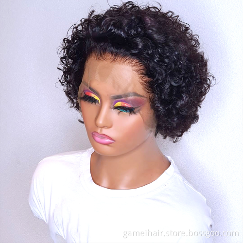 Ready to Ship Cheap Short Bob Water Curly Wig Vendors Brazilian 100% Virgin Transparent Lace Front Pixie Cut Human Hair  Wigs